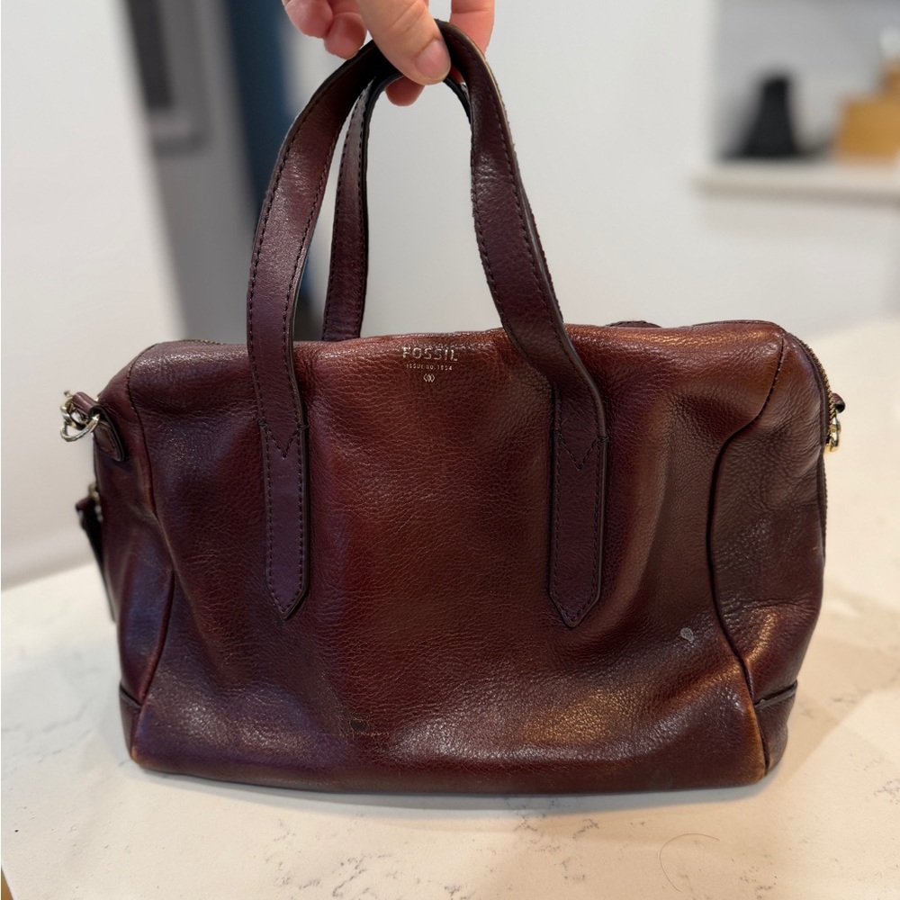 Fossil Burgundy / Brown Leather Crossbody Top Handle Bag